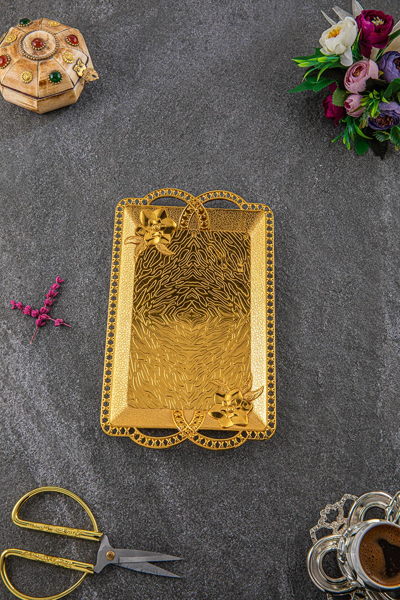 Single-Person Floral Rectangular Serving and Engagement Tray, Gold-Tone