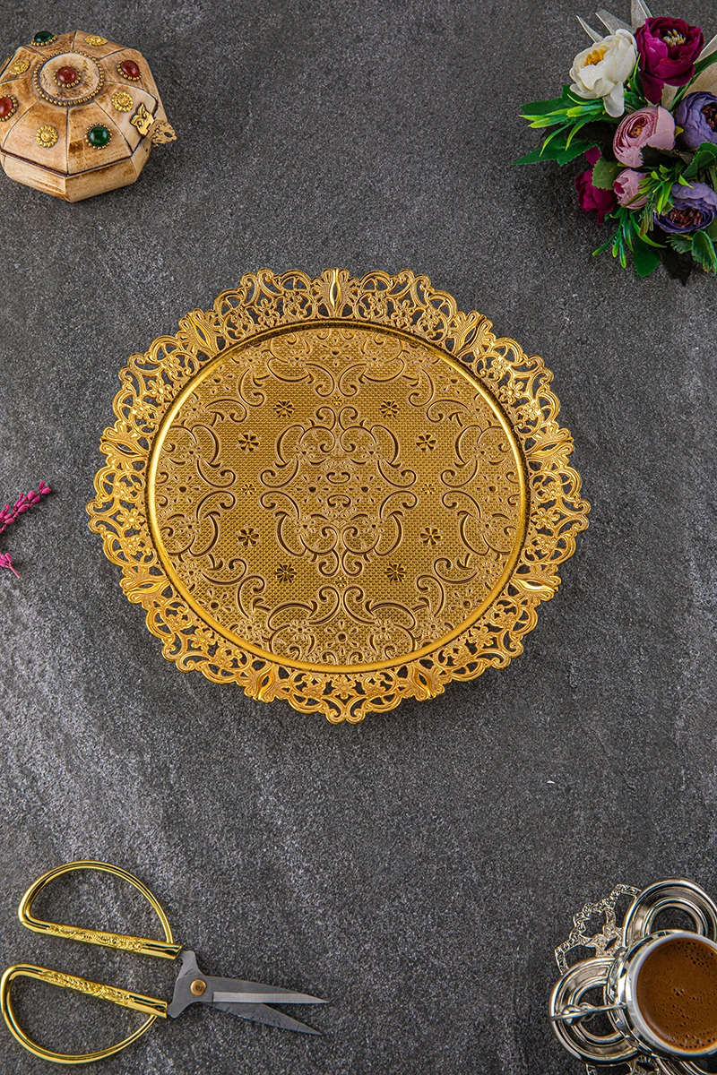 Plateau de présentation rond à motifs, 26 cm, doré