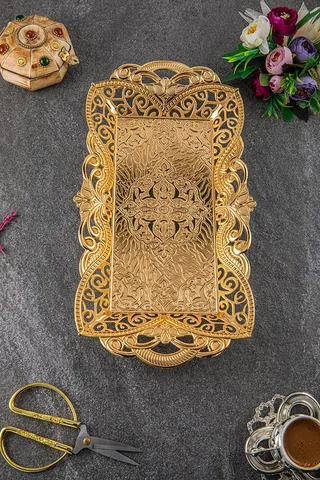 2 Kişilik Arya İşlemeli Dikdörtgen Sunum, Çeyizlik, Nişanlık, Sözlük Tepsi Altın