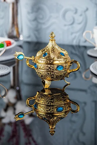 Renkli Taşlı Kaşıklı Şekerlik (Karışık Taşlı) Altın