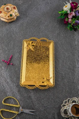 Tek Kişilik Dikdörgen Çiçek Desenli Sunum, Nişan, Söz Tepsisi Altın